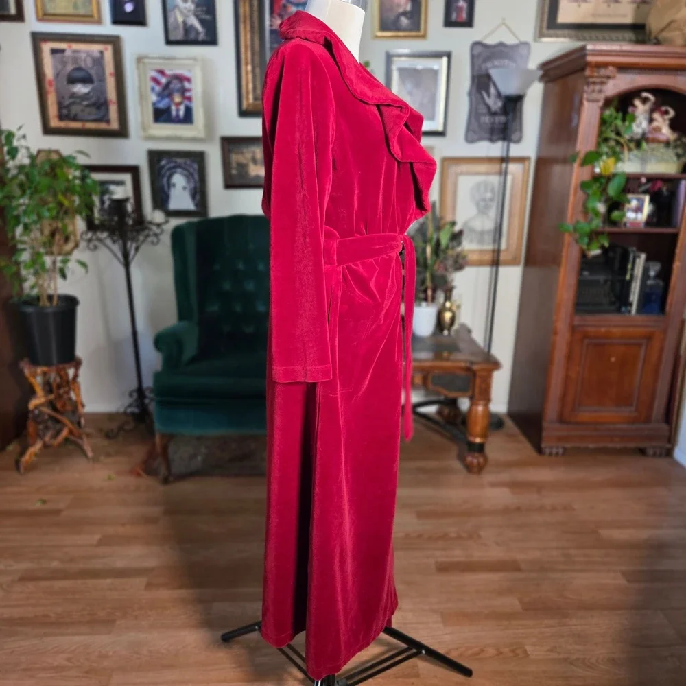 Vintage 80s Diamond Tea Red Velvet Robe Ruffle Collar‎ Long Dress Gown Robe